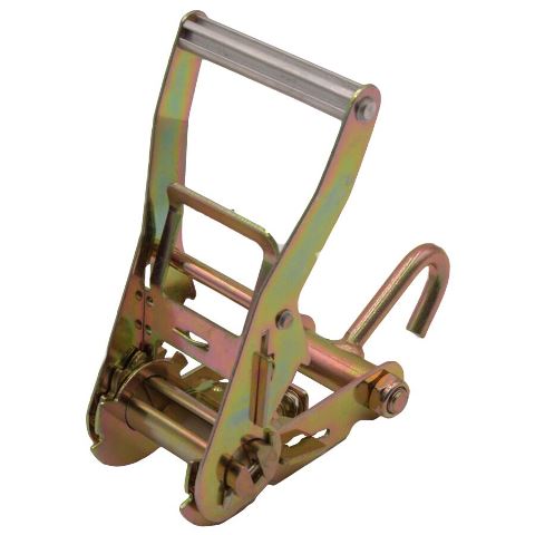 A close-up photo of the 2" Medium Ratchet with Wide Handle and Single Finger Hook – 1,665 lbs. WLL, featuring a sturdy handle and iridescent yellow finish, designed for secure cargo fastening.