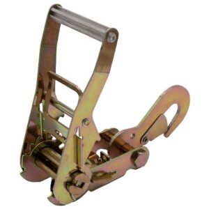 A close-up of the Ratchet, 2", Medium, Wide Handle with 6K Swivel Snap Hook (2,000 lbs. WLL), featuring a sturdy yellow zinc-plated finish, wide handle, and large 6K swivel snap hook for securing loads.