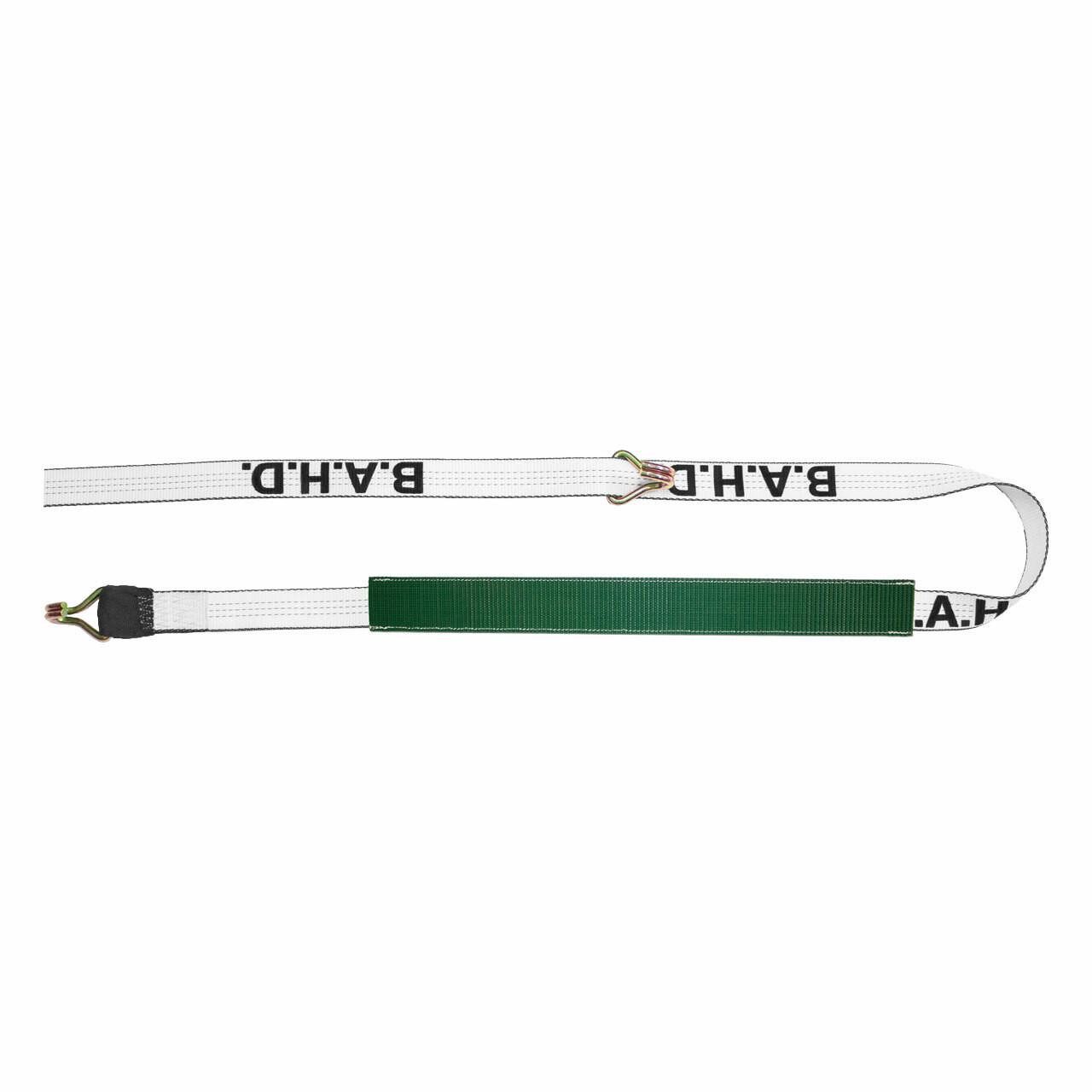 White B/A heavy-duty wheel tie-down strap with center D-ring, green protective sleeve, and J-hooks