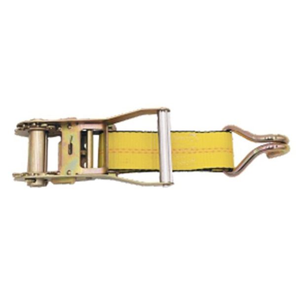 Yellow webbing ratchet buckle with zinc-plated double-J wire hook end, shown close-up.