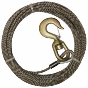 Coiled steel winch cable with a thimble eye and crimp sleeve, ending in a swivel hook with a spring safety latch.