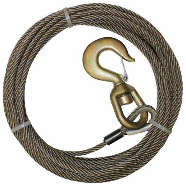 Coiled steel winch cable with a thimble eye and crimp sleeve, ending in a swivel hook with a spring safety latch.
