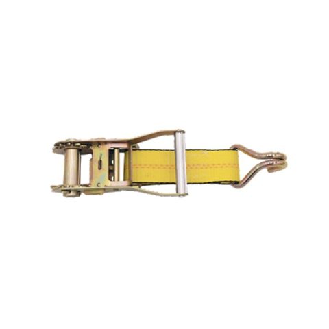 The 2" Wide Ratchet w/ Double J hook, featuring a metal ratcheting mechanism and yellow strap for securing cargo, is displayed against a white background.