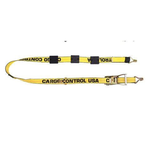 Yellow Cargo Control USA ratchet wheel strap with three rubber tread blocks and J-hooks
