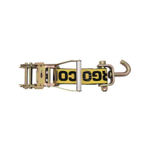 A 2" Wide Ratchet w/ Swivel J hook in yellow, featuring a short fixed end, metal hardware, black "GO CO" lettering, and a strap partially rolled for convenient storage and use.