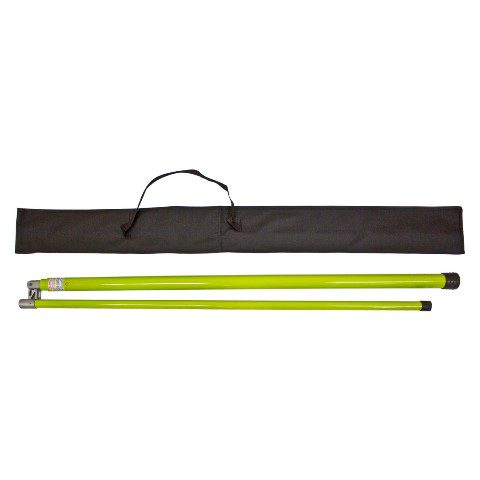 Two yellow pole sections from the Auto Hauler Height Stick (54”–180”, Hi Viz Yellow, Metric & Imperial) and a black handled carry bag are displayed on a white background. The disassembled poles are placed side by side below the bag.