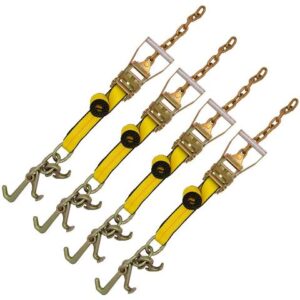 Set of 4 2" x 8' Ratchet Assemblies with Chain, Bracket, and RTJ Cluster on Strap, perfect for securing cargo during transport.