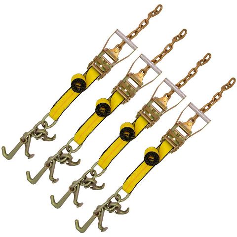 Set of 4 2" x 8' Ratchet Assemblies with Chain, Bracket, and RTJ Cluster on Strap, perfect for securing cargo during transport.