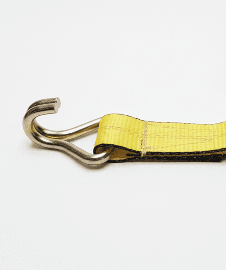 Close-up of double J-hook on yellow webbing tie-down strap