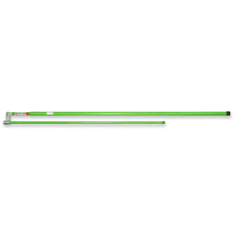 The .Auto Hauler Height Stick Metric & Imperial (65.5"–180”) in hi-viz green is shown side by side in two lengths, one with a black cap and the other with a metal attachment, perfect for both metric and imperial measurements.