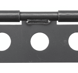 Black metal hinge featuring three circular holes and a central pivot point.