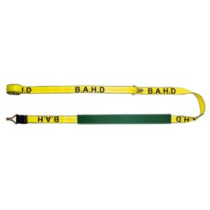 Yellow car tie-down strap labeled “B.A.H.D” with D-ring loop, green protective sleeve, and J-hook end laid flat on a white background.