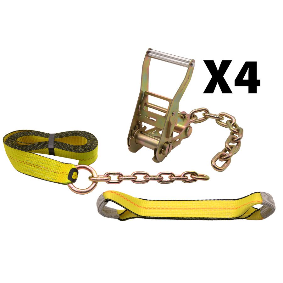 Set of four auto tie-down ratchet strap kits—ratchet with chain tail, yellow strap with hook, and a matching axle/soft loop strap.