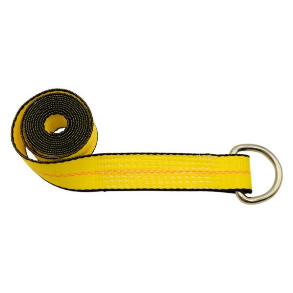 Rolled yellow lasso wheel strap with reinforced black edges and a metal D-ring for vehicle tie-downs.