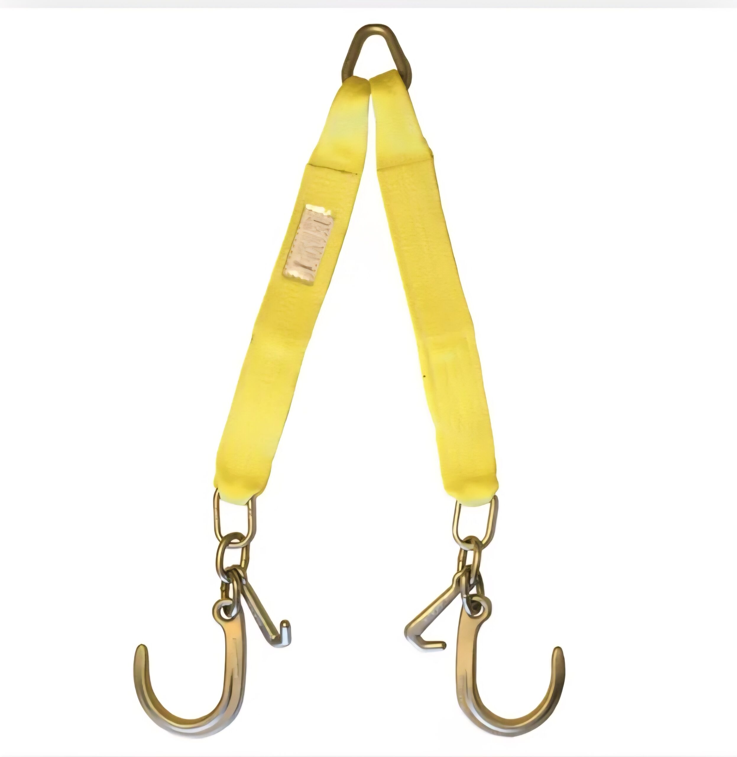 Yellow tie down strap featuring metal hooks on both ends for securing cargo.