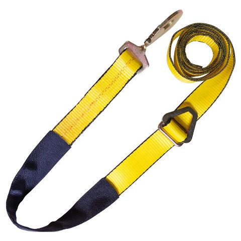 A yellow 2" x 8' Replacement Strap for Axle Tie Down Assembly features a twisted snap hook, protective sleeve, floating D-ring, and 3,333 lbs. WLL—ideal for secure and versatile safety.