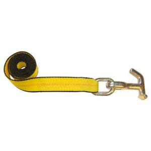 A yellow and black 2" x 8' Strap with Towing TJ Combo Hook (3,333 lbs. WLL), rolled up with a metal hook and clasp attached to one end, designed for vehicle towing or recovery.