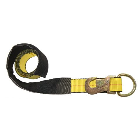 Yellow lasso wheel strap with D-ring, protective sleeve, and snap hook