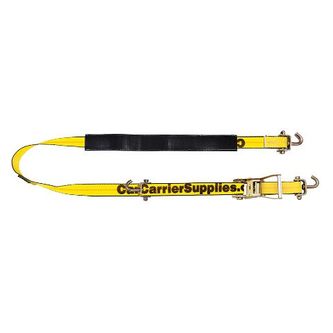 Yellow ratchet tie down strap with double J-hooks and protective sleeve – Car Carrier Supplies