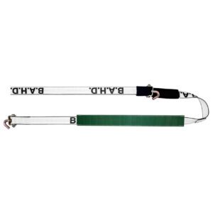 White car tie-down strap labeled “B.A.H.D” with D-ring loop, green protective sleeve, and J-hook end laid flat on a white background.